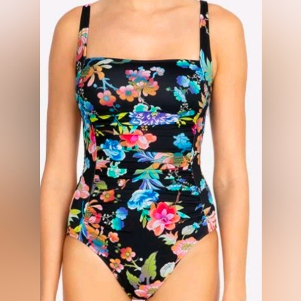 Johnny Was One Piece Swimsuit Size XS Extra Small Black Floral Bright Ruched